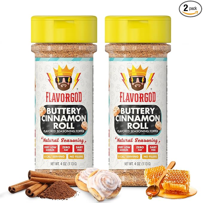 Flavor God 2 Bottles Buttery Cinnamon Roll Seasoning Topper Mix, Natural Healthy Blend, Bread