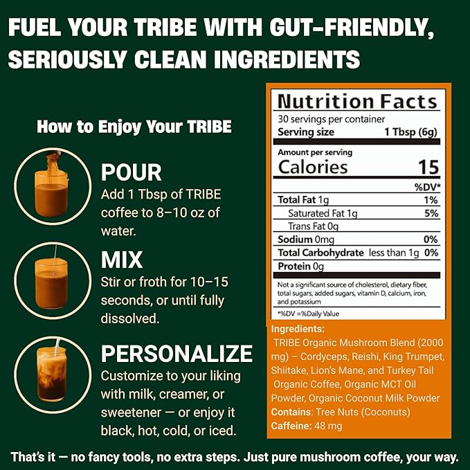 TRIBE 6 Mushroom Coffee + MCT Oil, Creamy Instant Barista Blend - Clean Daily Energy, Focus, Immune