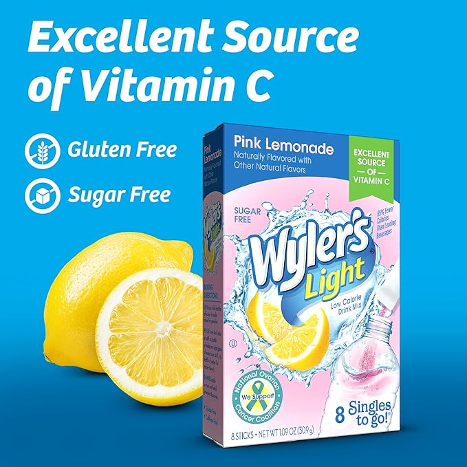 Wyler's Light Singles To Go Powder Packets, Water Drink Mix, Pink Lemonade, 96 Single Servings