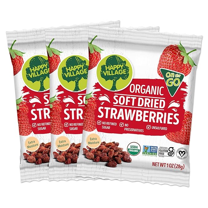 Happy Village Organic Soft Dried Strawberries On the Go – 3 Bags (15 Individual Portion Packs) |