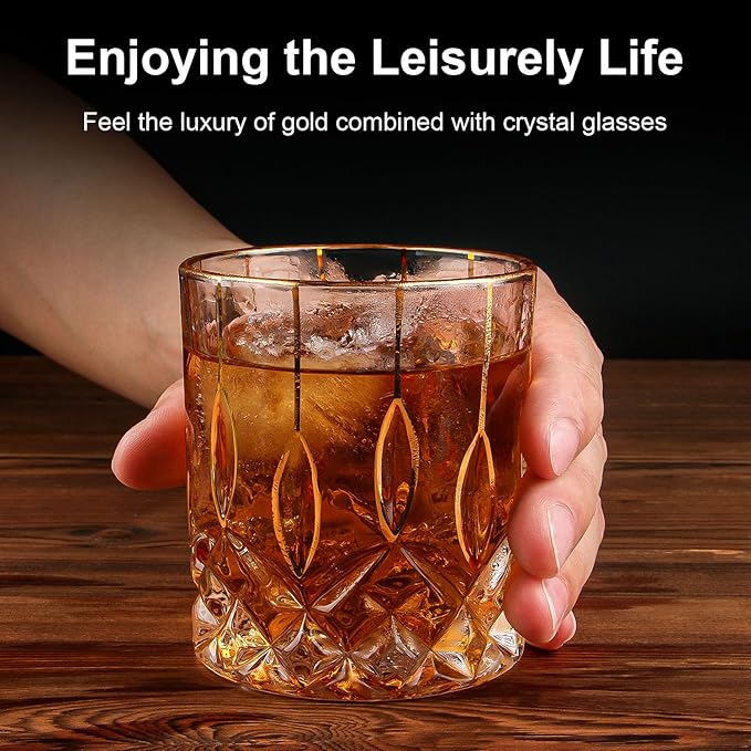 Gold Rim Whiskey Glasses Set of 2,Crystal Old Fashioned Glasses-Luxury Gold Collection,Perfect for