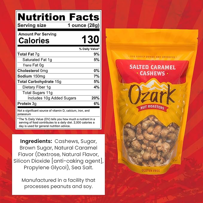 OZARK NUT ROASTERS, Salted Caramel Cashews, Flavored Snack Nuts, Gluten-Free Gourmet Candied