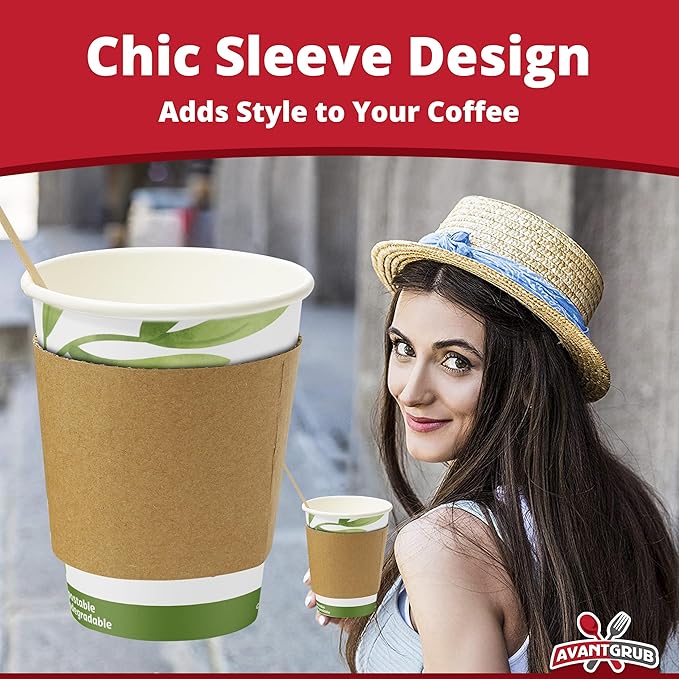 50Pk of 12Oz Recyclable Hot Drink Cups Wood Stirrers and Cardboard Coffee Sleeves. Biodegradable