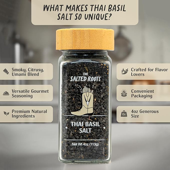 The Salted Roots - Smoked Thai Basil Salt - Infused with Thai Basil, Sauv Blanc, Lemongrass &