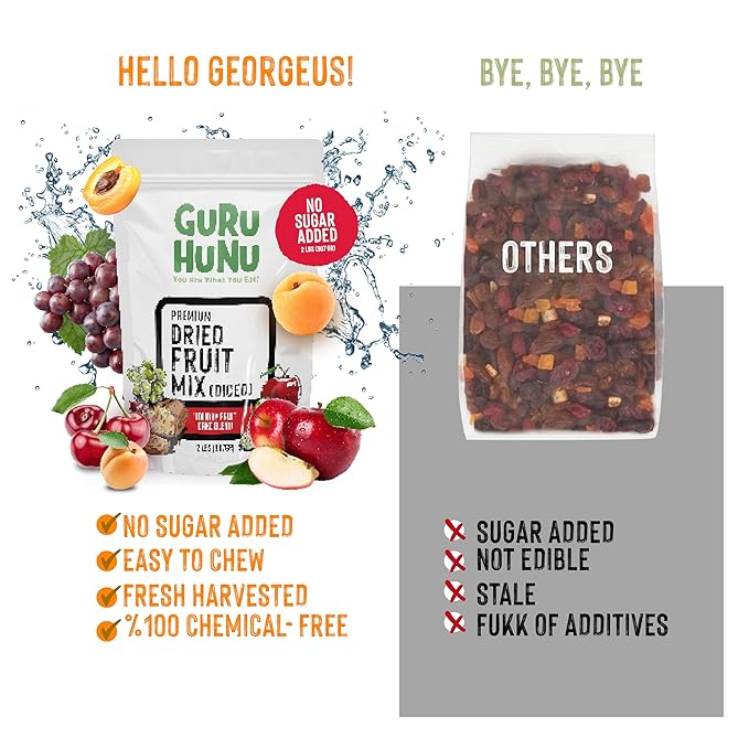 GURU HUNU Dried Fruit Mix, From Mediterranean, Healthy Snacks, No Sugar Added, Chemical Free, Diced