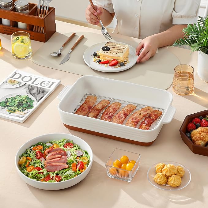 MALACASA Baking Dish with Rack, 4.8 Qt Ceramic Roasting Pan with Stainless Steel Drip Rack, 9x13