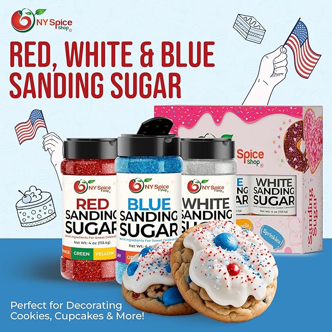NY Spice Shop Red-White-Blue Sanding Sugar - Sweet Colorful Edible Sprinkles for Candy Dishes, Cake