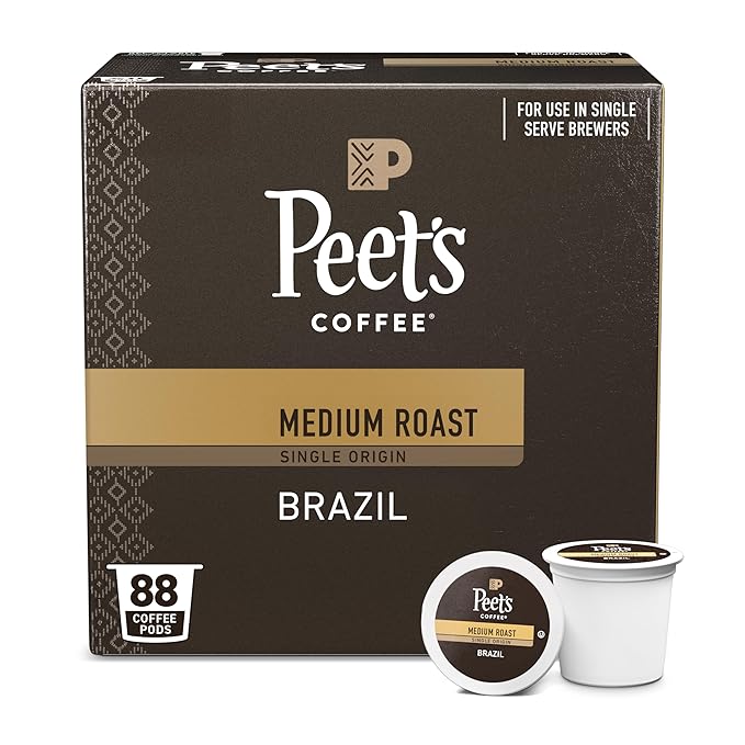 Peet's Coffee, Medium Roast Single Serve Coffee Pods - Single Origin Brazil 88 Count (4 Boxes of 22