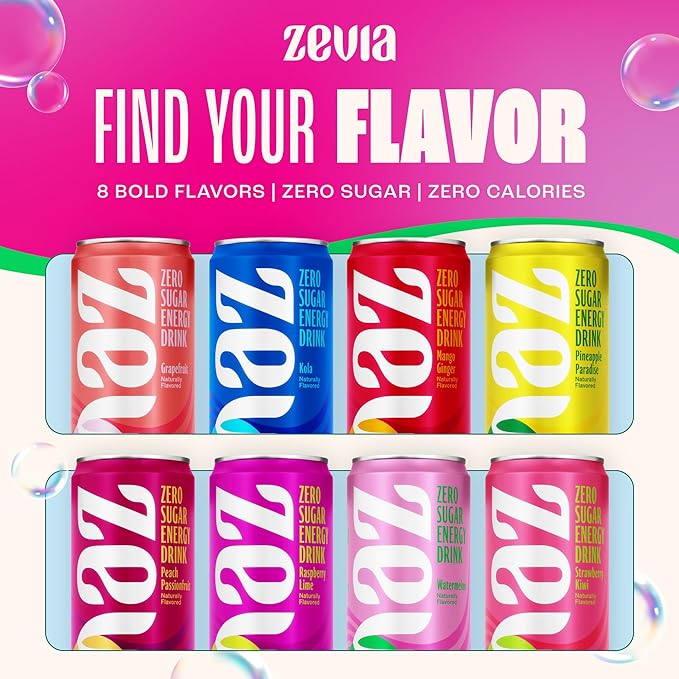 Zevia Zero Sugar Energy Drink, Watermelon, 12 oz Cans (12-Pack) – Naturally Sweetened, Non-GMO