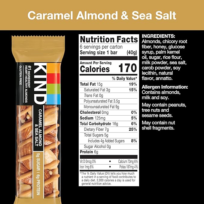 KIND Nut Bars, Caramel Almond & Sea Salt, Healthy Snacks, Gluten Free, Low Sugar, 6g Protein, 24