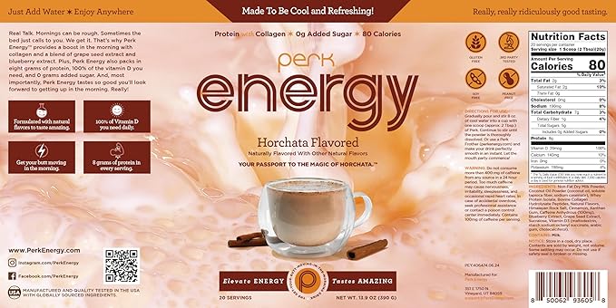 Perk Energy Original Horchata Energy Drink Powder (20 Servings) - Gluten-Free, Peanut-Free