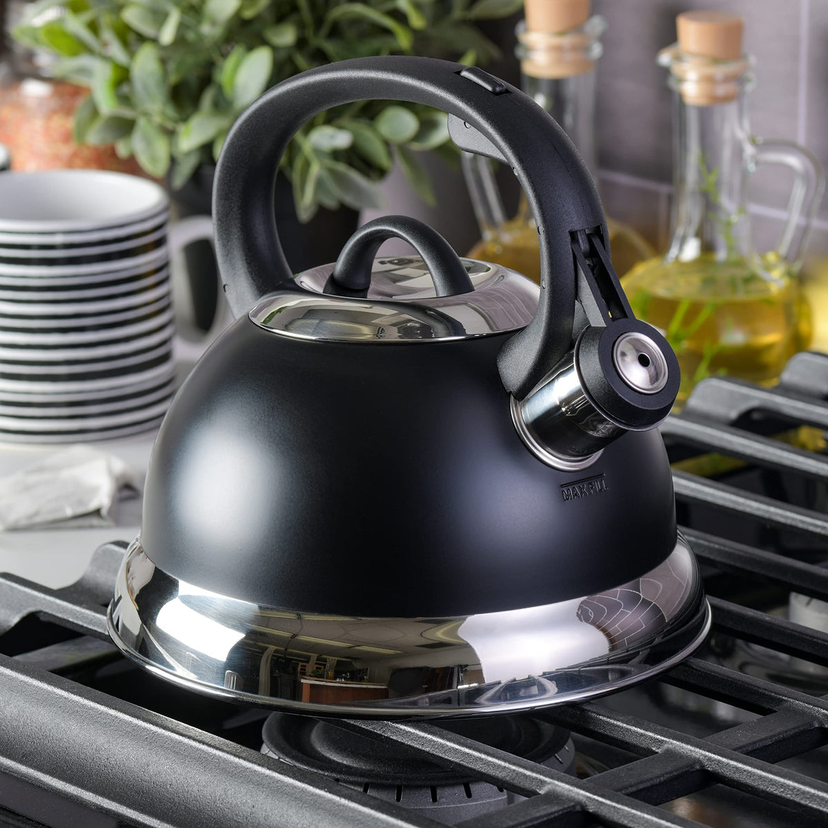 Mr. Coffee Flintshire 1.75-Quart Stainless Steel Whistling Tea Kettle with Nylon Handle – Matte