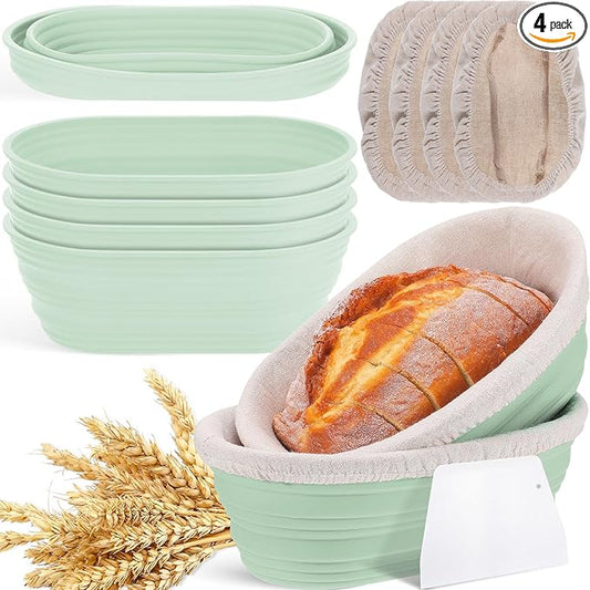Nuogo 4 Pack Oval Bread Proofing Basket Silicone 10 Inch Collapsible Sourdough Bread Baking