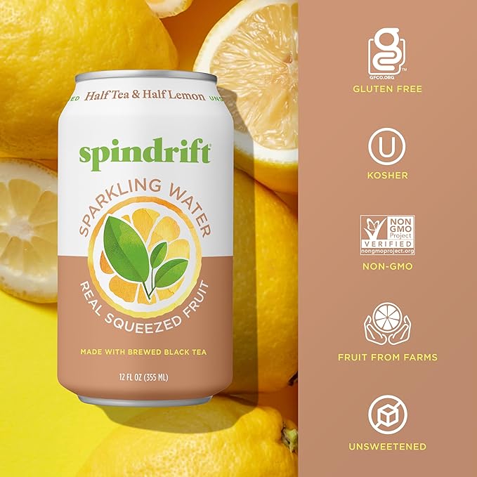 Spindrift Sparkling Water, Half Tea & Half Lemon Flavored, Made with Real Squeezed Fruit, 12 Fl Oz