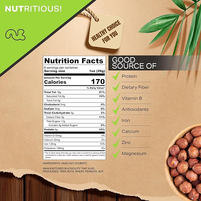 NUT CRAVINGS - Raw Hazelnuts Filberts with Skin, Unsalted, Shelled, (8oz - 1 Pack) Bulk Nuts Packed