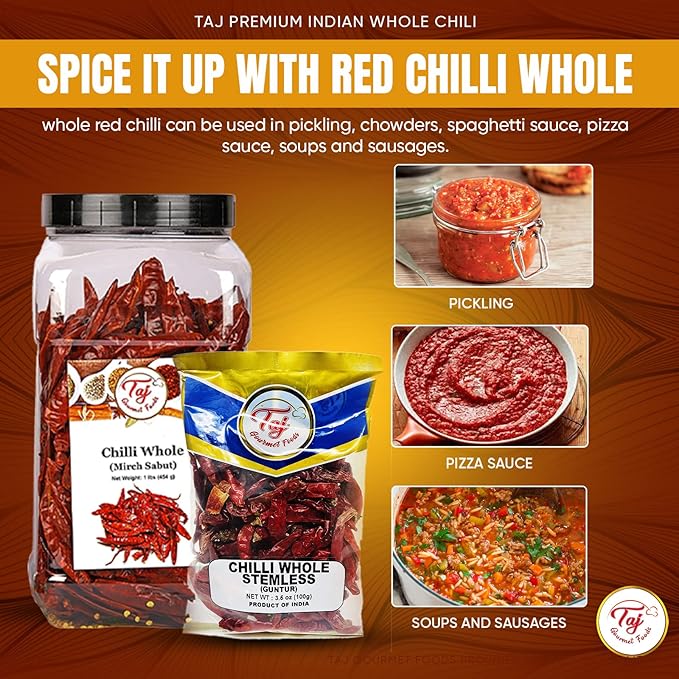 TAJ Premium Indian Whole Chilli (Whole Mirchi, without stem), (3.5 Ounce)
