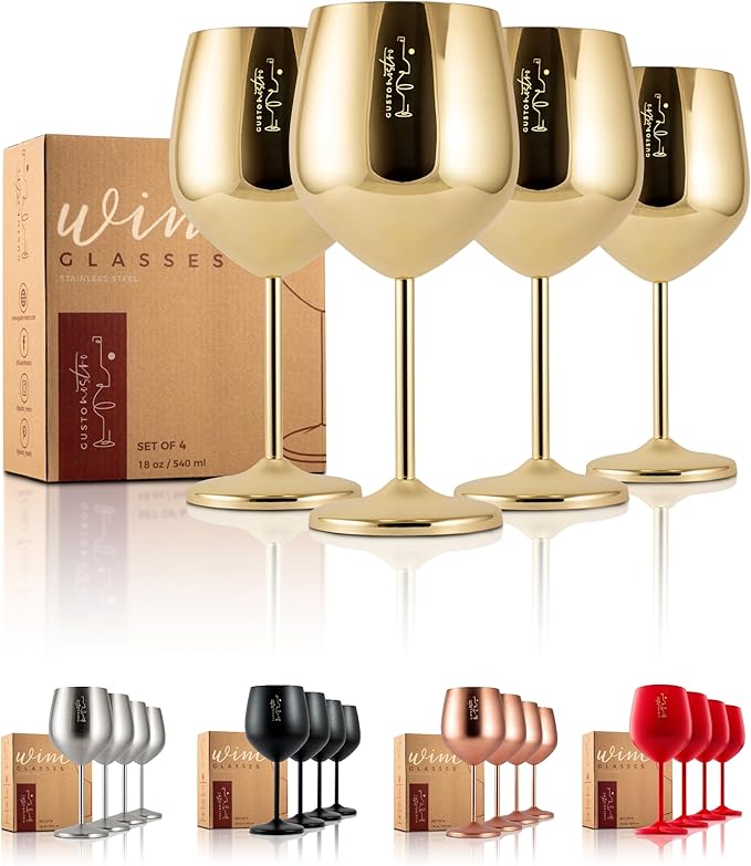 Gusto Nostro Stainless Steel Wine Glass - 18 oz Unbreakable Gold Wine Glasses for Travel, Camping