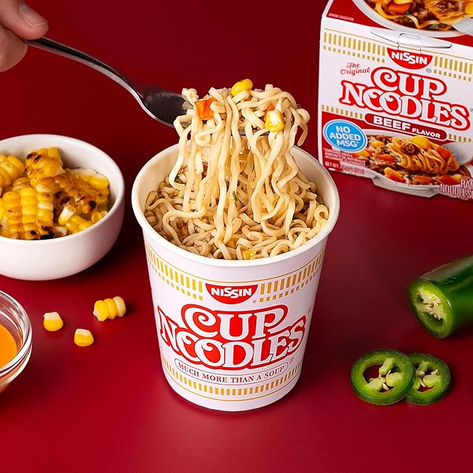 Nissin Cup Noodles Soup, Beef Flavor, Microwaveable Paper Cups, Instant Ramen, 2.25 Ounce (Pack of