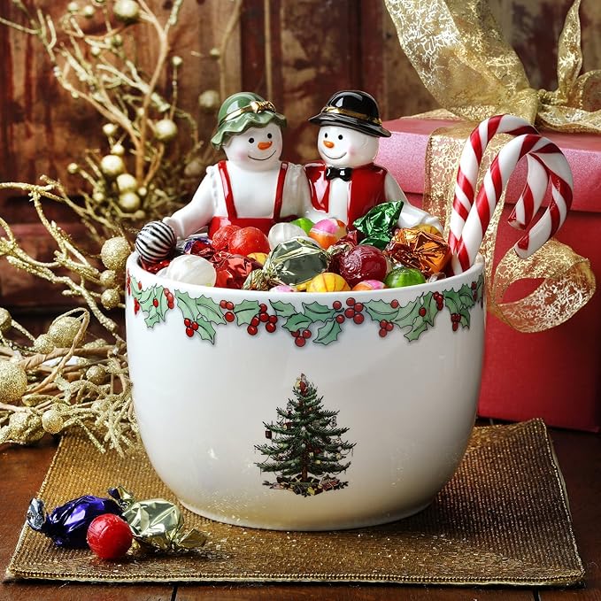 Spode Christmas Tree 9-Inch Candy Bowl - Mr. & Mrs. Snowman Decorative Earthenware Bowl for Serving