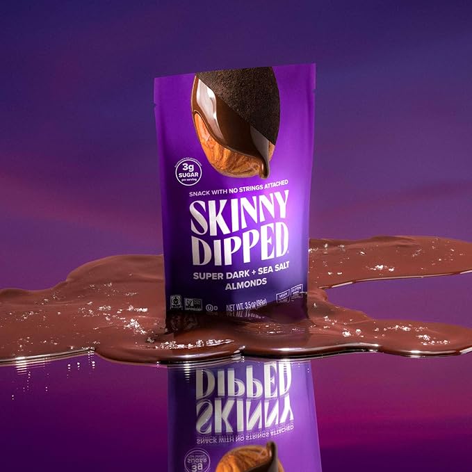 SkinnyDipped Super Dark Chocolate + Sea Salt Almonds, Vegan, Healthy Snack, Plant Protein, Gluten