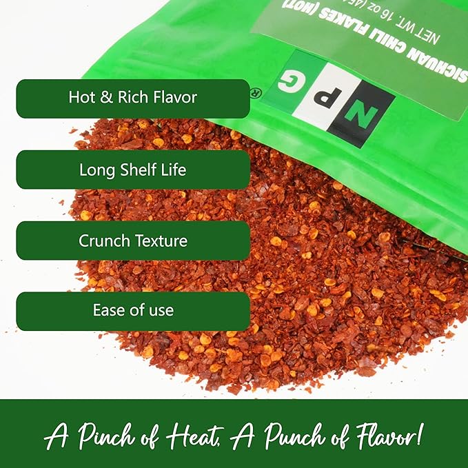 NPG Authentic Sichuan Chili Flakes 16 Oz, Extra Hot, Szechuan Crushed Red Pepper Flakes Bulk