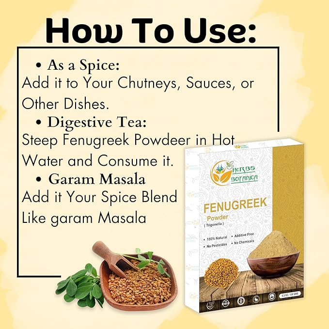 Herbs Botanica Fenugreek Powder Organic 100% Pure & Natural Methi for Hair, Skin, Cooking &