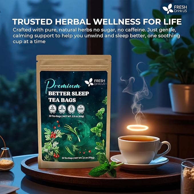 FreshDrinkUS, Premium 55 Tea Bags Better Sleep Herbal Tea | Caffeine-Free Loose Leaf Blend with