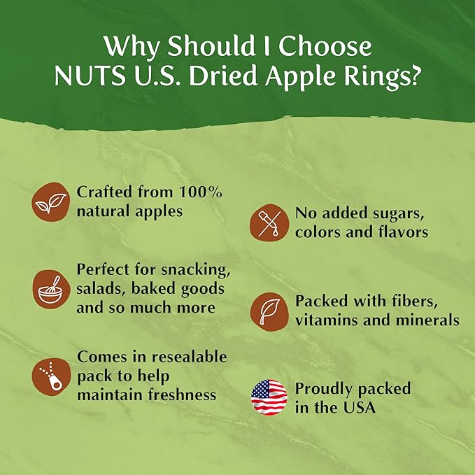 NUTS U.S. - Dried Apple Rings | No Added Sugar | No Artificial Color | Chewy Texture | NON-GMO |