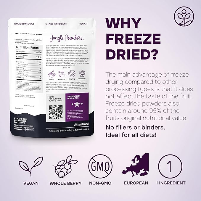 Black Raspberry Powder 5 Ounce Bag - 3rd Party Lab Tested Freeze Dried Raspberries Fruit Whole