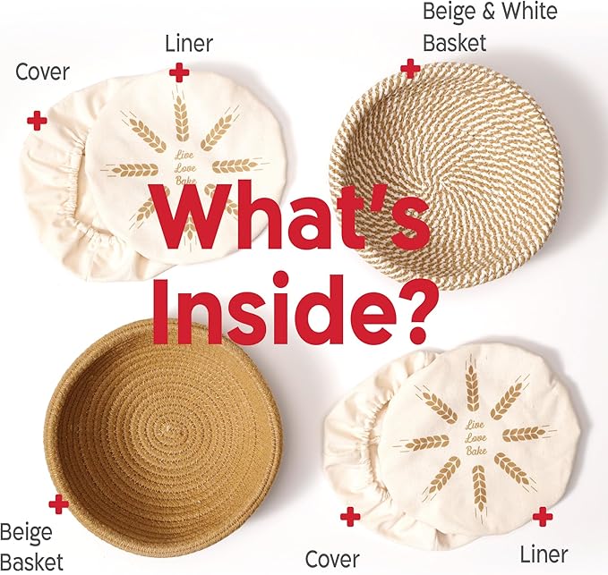 Cotton Rope Banneton Bread Proofing Basket Set, 2 x Round Bread Basket with Liners & Covers for