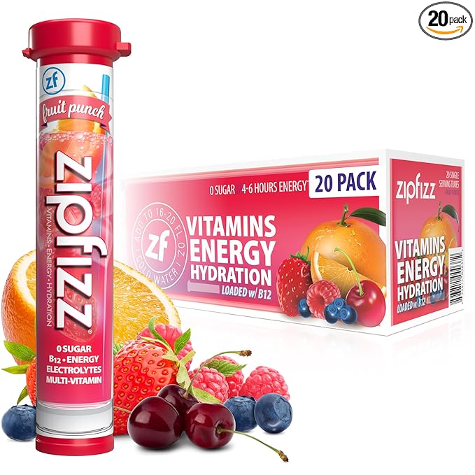Zipfizz Daily Energy Drink Powder, Fruit Punch, 20 Pack 3-in-1 Sustained Energy, Rapid Hydration
