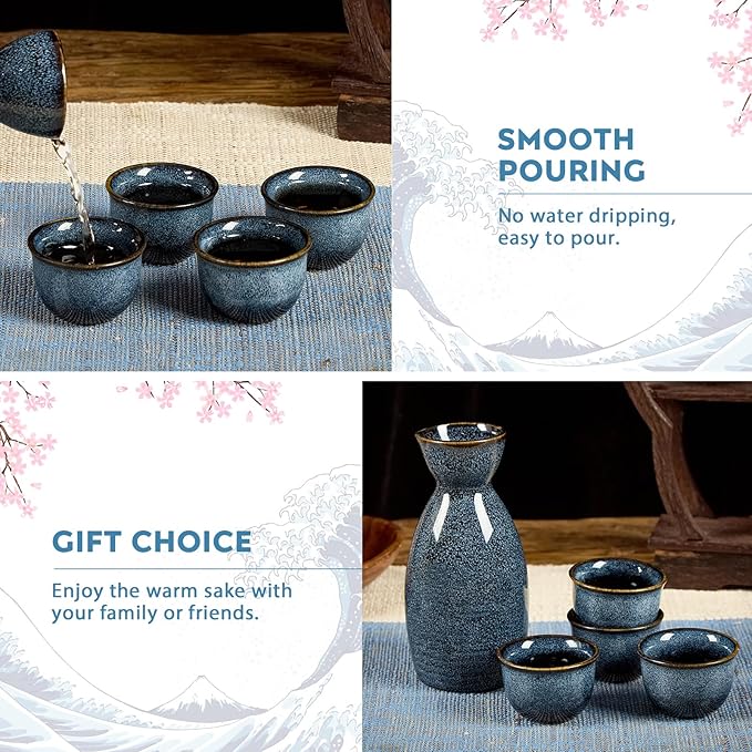 DUJUST 5 pcs Japanese Sake Set, Kiln Altered Glaze Porcelain Sake Set, 1 Bottle, 4 Cups & 1 Gift