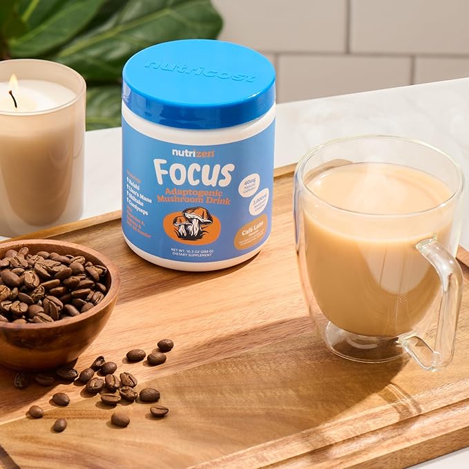 Nutricost Nutrizen AM Focus Adaptogenic Mushroom Drink (Cafe Latte Flavored) 30 Servings - Includes