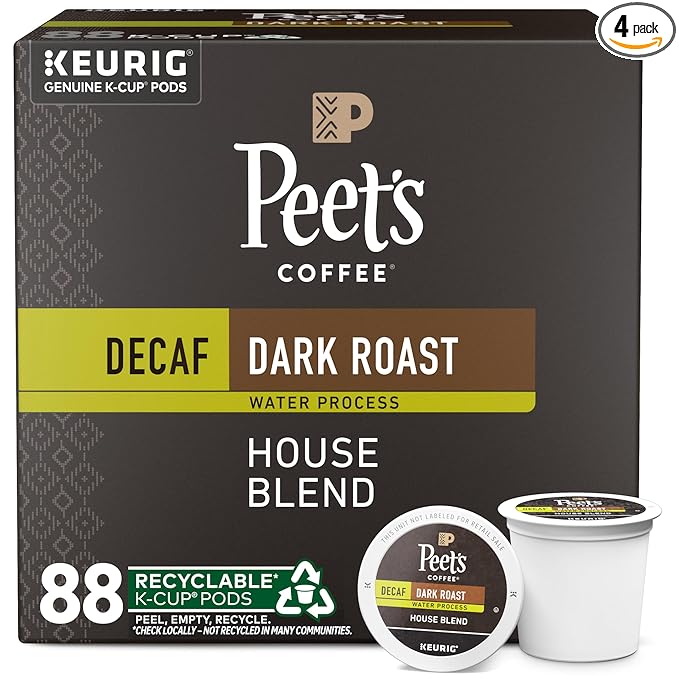 Peet's Coffee, Dark Roast Decaf Keurig K-Cup Pods - Decaf House Blend 88 Count (4 Boxes of 22 K-Cup