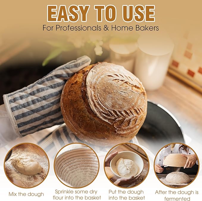 Banneton Bread Proofing Basket Set of 2, 9 Inch Round Sourdough Basket with Liners, Handmade Rattan