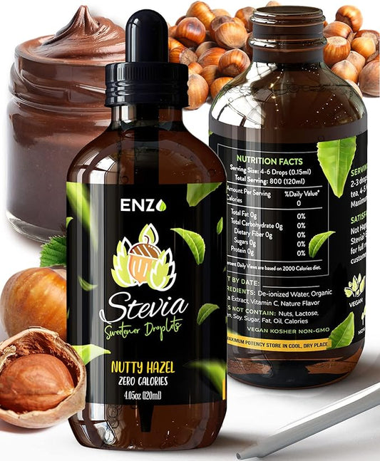 Enzo Liquid Stevia Drops Our Zero Calories Sweetener (4oz - 800 Servings/Bottle) - Nutty Hazel