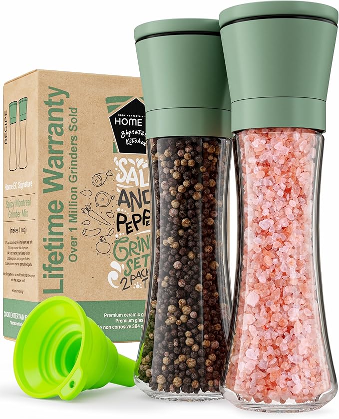 Home EC Premium Green Sea Salt and Pepper Grinder Set of 2 - Adjustable Ceramic - Tall Glass Salt