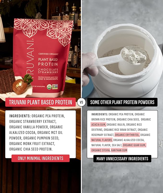 Truvani Vegan Pea Protein Powder | Chocolate Strawberry | 20g Organic Plant Based Protein | 1