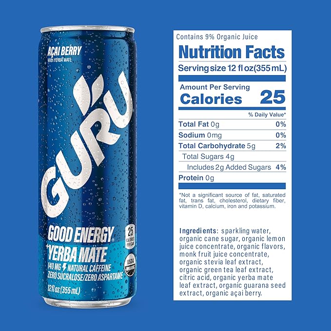 GURU Yerba Mate Organic Energy Drinks, Clean Energy Drink with Plant Based Natural Caffeine from
