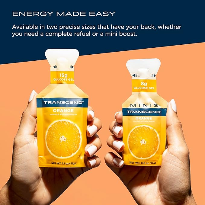 Transcend Foods Orange Gel (1.1 oz, Pack of 38) Fast-Acting Carb Gel Orange Flavor – Caffeine Free