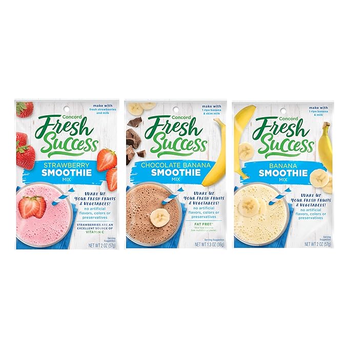 Concord Foods, 3 Breakfast Fruit Smoothie Mix Flavors: 6 Chocolate Banana 2 Oz Pouches, 6 Banana 2