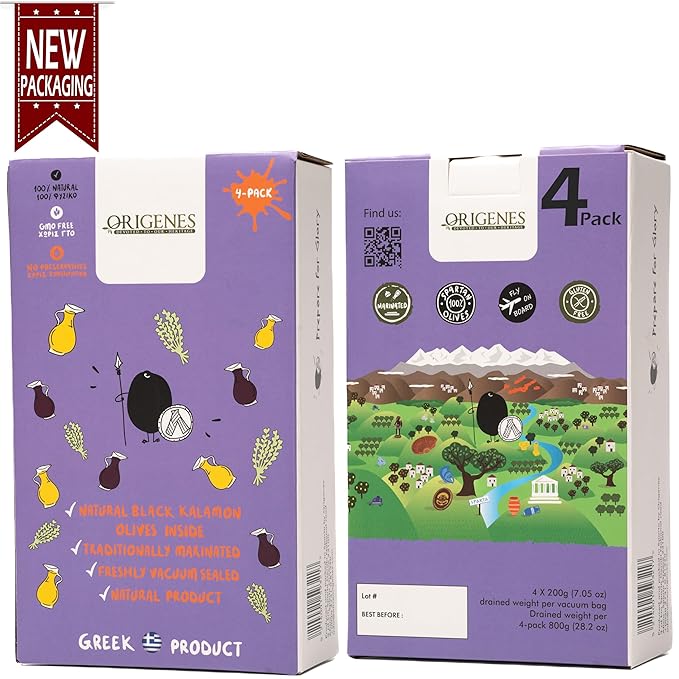 Pack of 4 Kalamon Olives in Vacuum Pack, Kalamata Olives with Greek Oregano and Red Wine Vinegar
