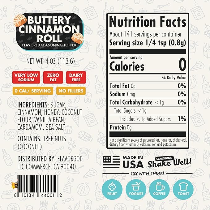 Flavor God 2 Bottles Buttery Cinnamon Roll Seasoning Topper Mix, Natural Healthy Blend, Bread