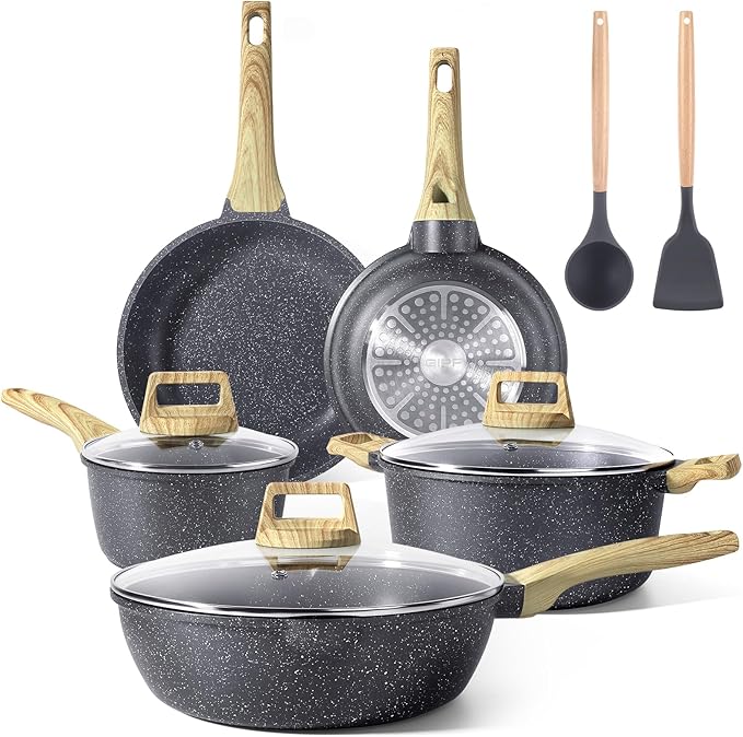 GiPP Pots and Pans Set Non Stick - 10 Pcs White Granite Kitchen Cookware Sets Nonstick Induction