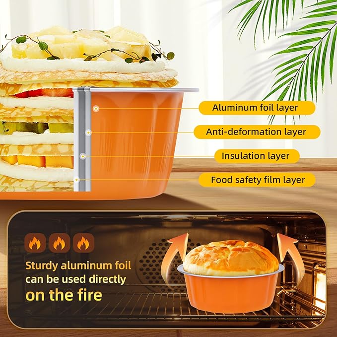 Beasea Ramekins Baking Cups with Lids, 120 Pack 8 oz 4 Inch Mini Disposable Orange Aluminum Foil