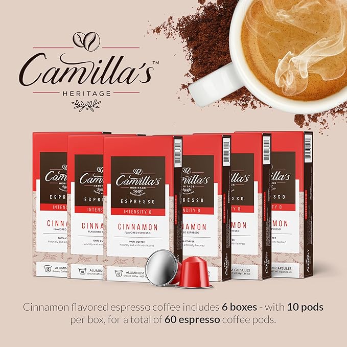Camilla’s Heritage - Intensity 8 Cinnamon Flavored Espresso Coffee, Gourmet Espresso Cups, 60