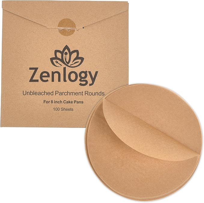 Zenlogy 8 Inch Parchment Paper Rounds (100 Sheets) - Unbleached, Pre-cut, High Heat, Round Liners