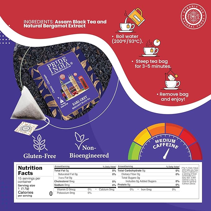 Pride of India | Earl Grey Bergamot Black Tea | 15 Pyramid Full Leaf Individually Wrapped Tea Bags