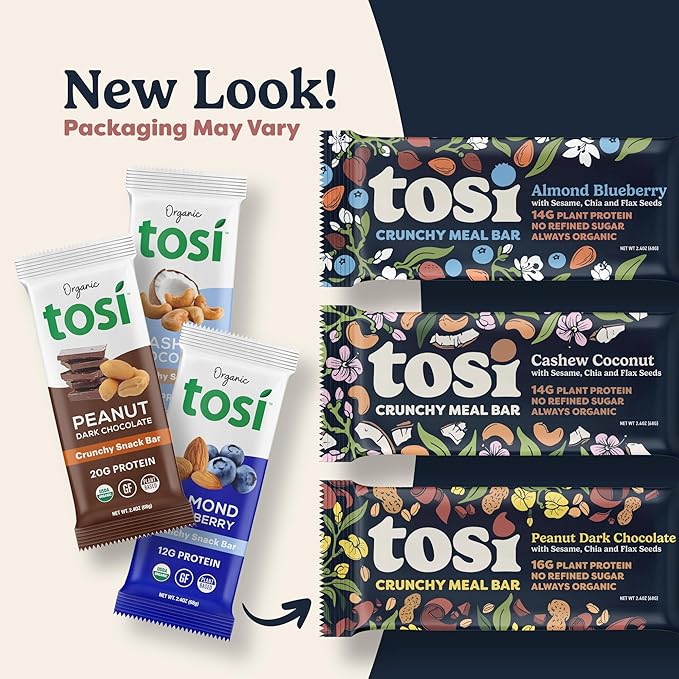 Tosi Peanut Butter & Jelly Protein Bars, Plant Based with Nuts, Gluten-Free Crunchy Snacks, Vegan