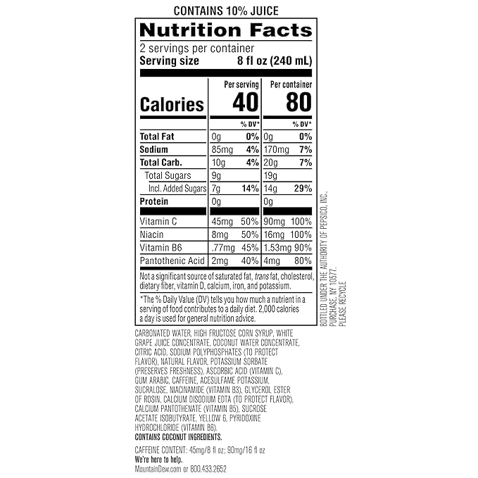 Mountain Dew Kickstart, Pineapple Orange Mango, 90mg Caffeine, Vitamins B & C, 80 Calories, 10%